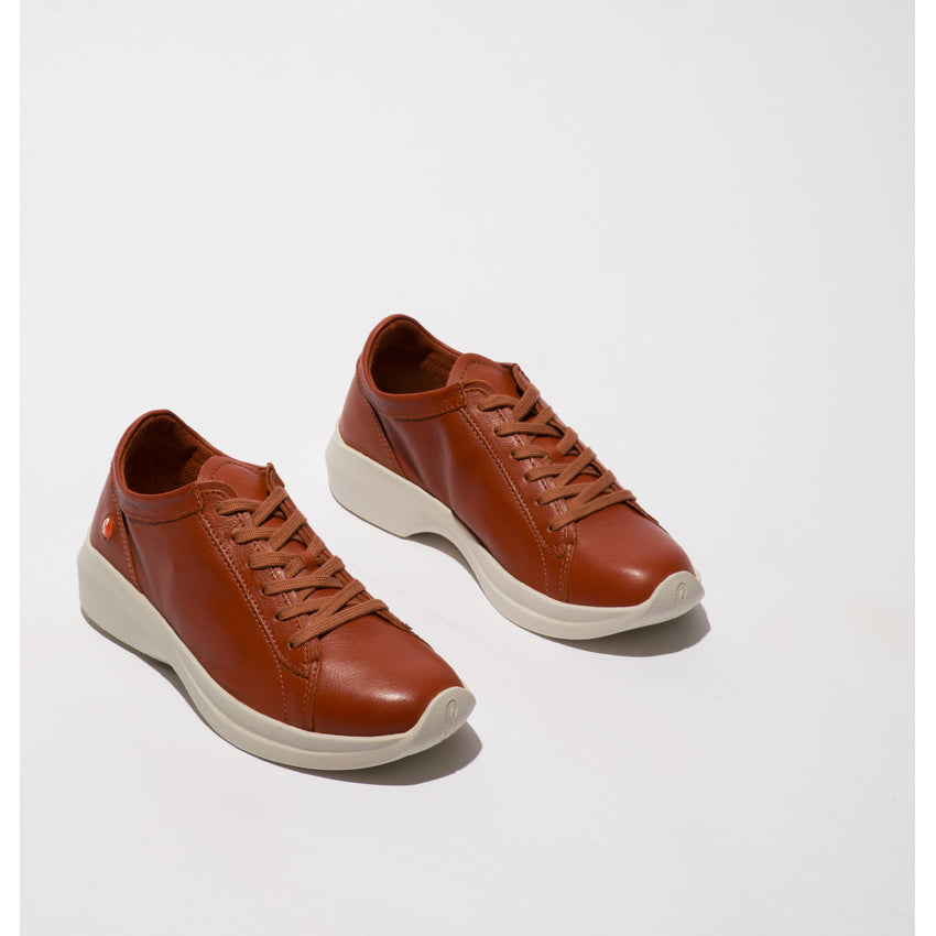 Softinos Gaji778SOF women's brick brown leather lace-up trainers with white soles, casual and comfortable footwear.