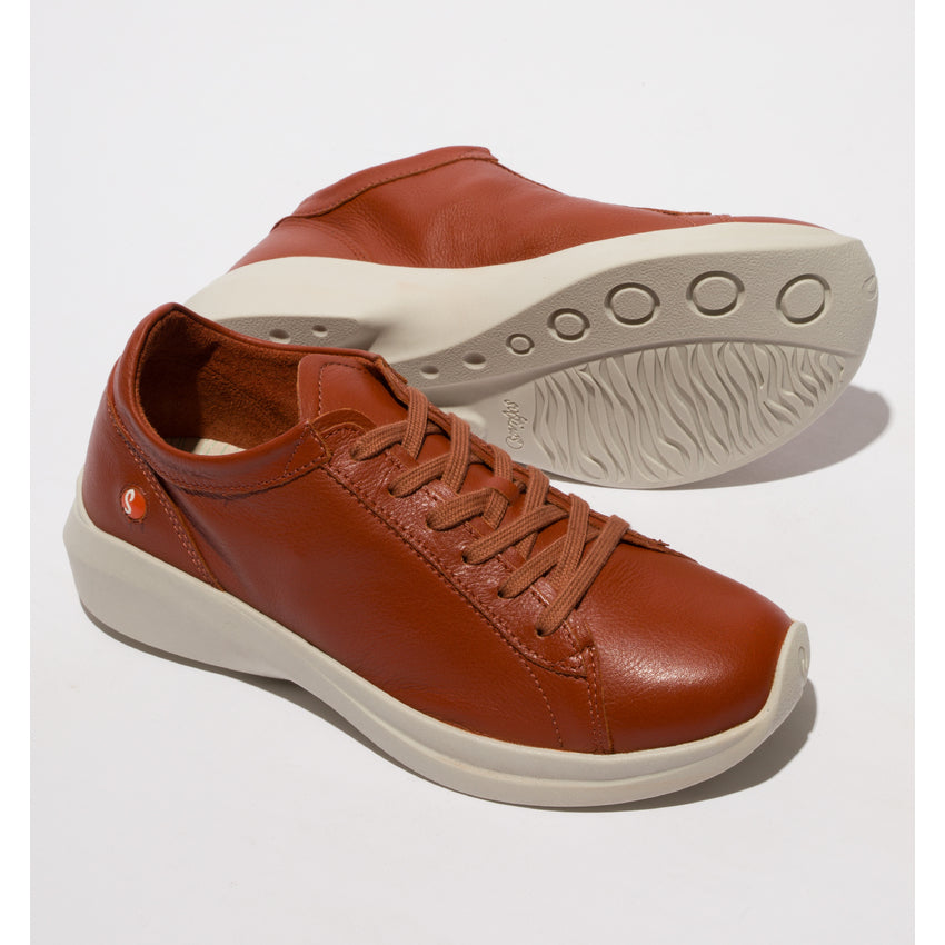 Softinos GAJI778SOF ladies brick brown leather lace-up trainers with white rubber soles.