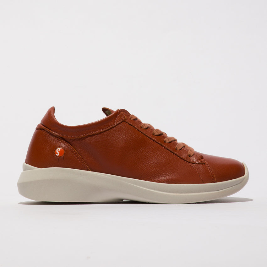 Softinos GAJI778SOF ladies brick brown leather lace-up trainers with white sole, casual and stylish footwear.