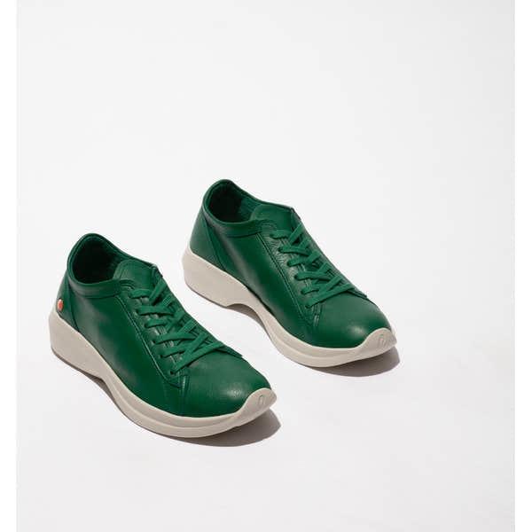Softinos GAJI778SOF Ladies Green Leather Lace-Up Trainers, stylish casual sneakers with white soles and sleek design.