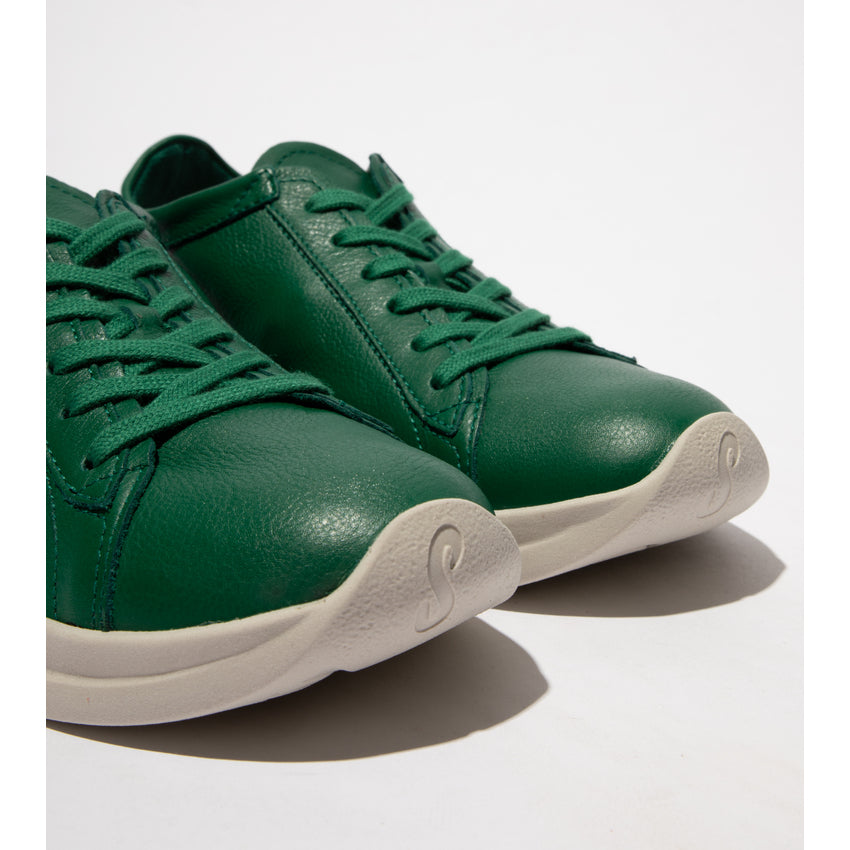Softinos GAJI778SOF women's green leather lace-up trainers with white soles. Stylish, comfortable casual footwear for women.