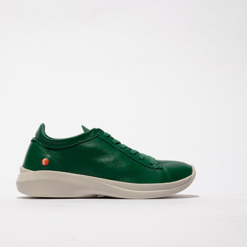 Softinos GAJI778SOF ladies green leather lace-up trainers with white sole, casual stylish footwear.
