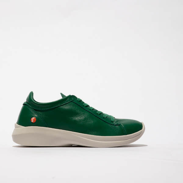 Softinos GAJI778SOF ladies green leather lace-up trainers with white sole, casual stylish footwear.