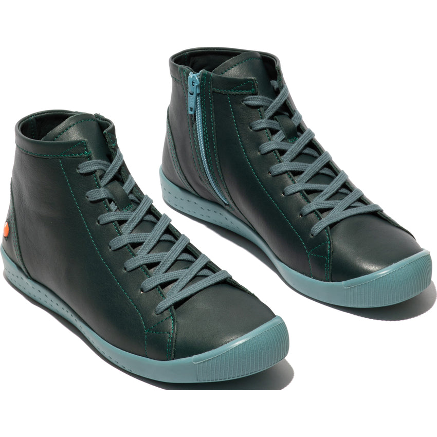 Softinos IBBI653SOF Ladies forest green leather zip and lace ankle boots with rubber soles.