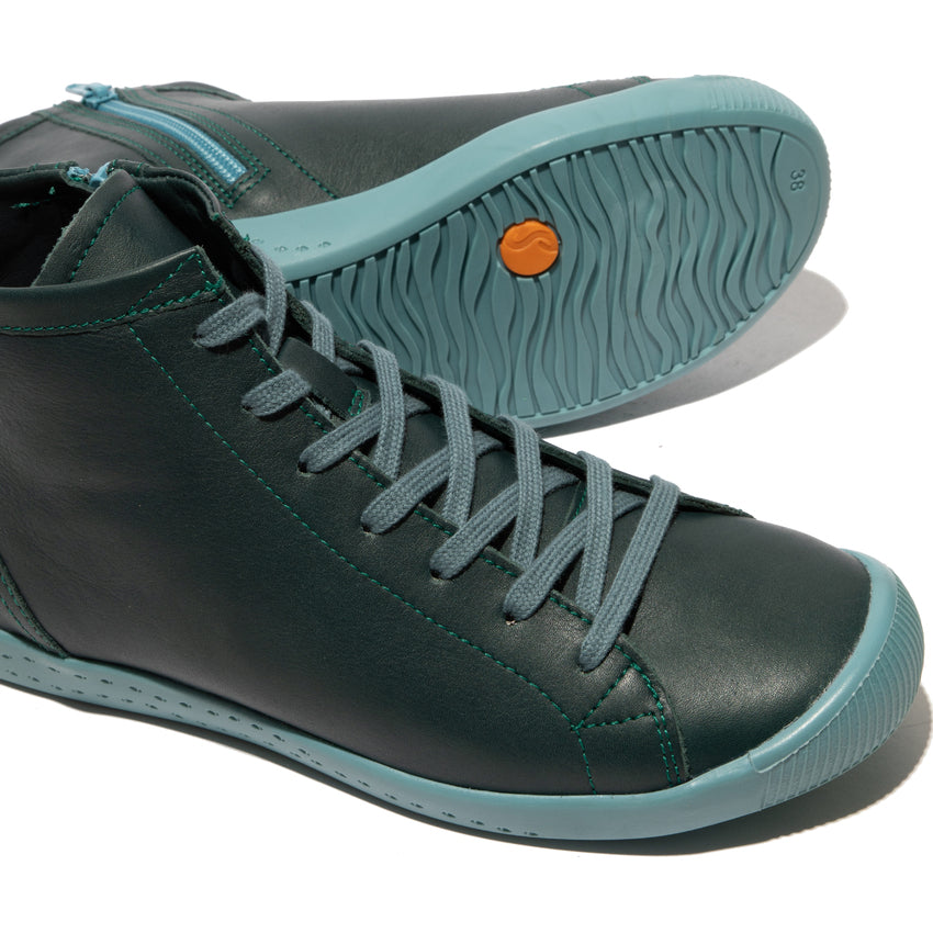 Softinos IBBI653SOF women's forest green leather ankle boots with zip and lace-up design, rubber sole, stylish and comfortable footwear.