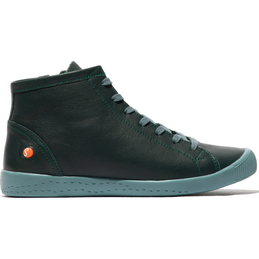 Softinos IBBI653SOF ladies forest green leather zip and lace ankle boots with a sporty sole and stylish design.