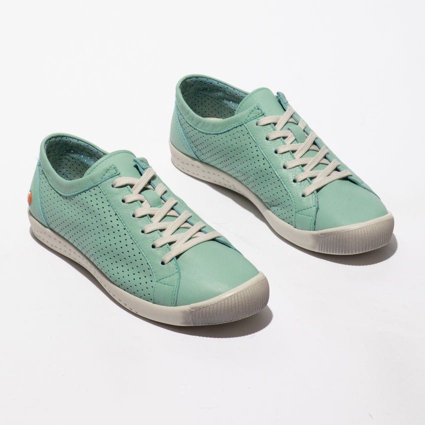 Softinos ICA388SOF ladies sea green leather lace-up trainers, casual sporty shoes with perforated design and white rubber soles.