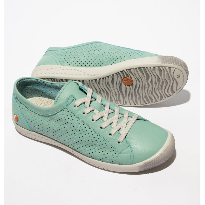 Softinos ICA388SOF ladies seafoam leather lace-up trainers with perforated design and white rubber soles.