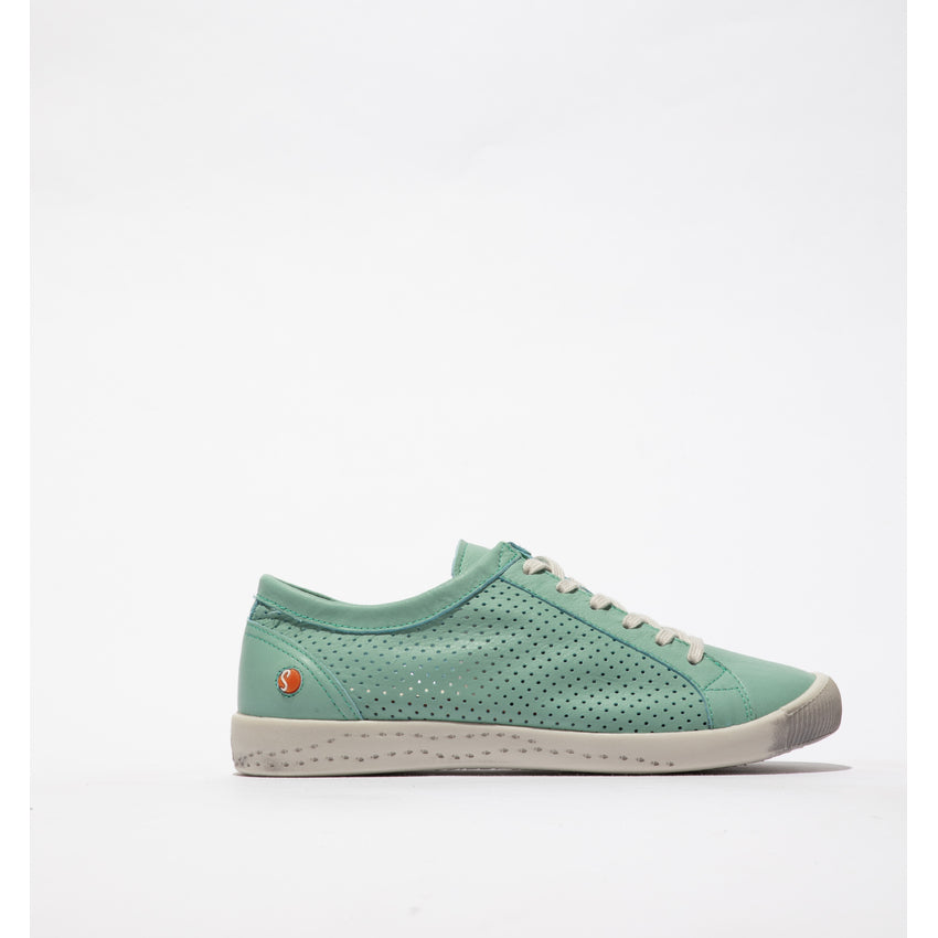 Softinos ICA388SOF women's sea green leather lace-up trainers with perforated upper and white sole.