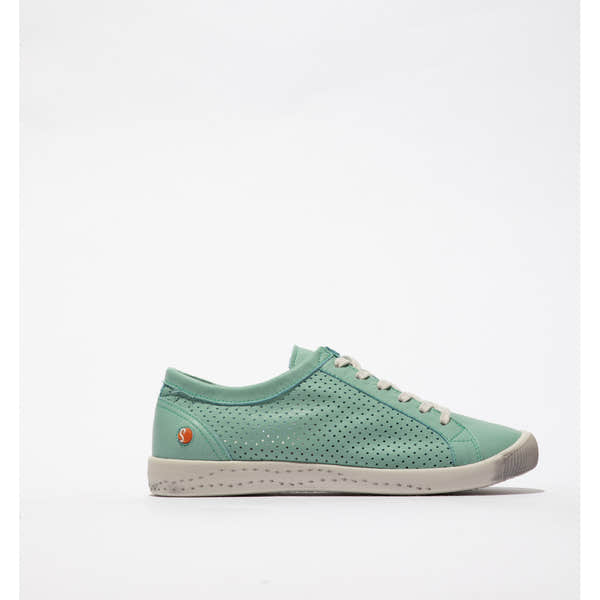 Softinos ICA388SOF women's sea green leather lace-up trainers with perforated upper and white sole.