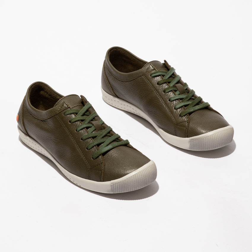 Softinos ISLA154SOF women's army green washed leather lace-up trainers with white soles.