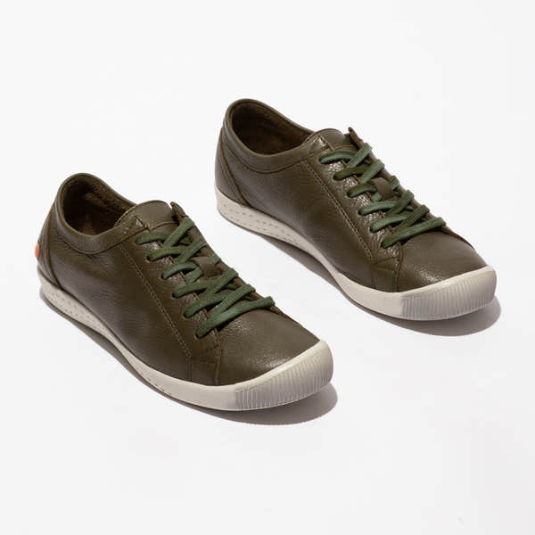 Softinos ISLA154SOF women's army green washed leather lace-up trainers with white soles.