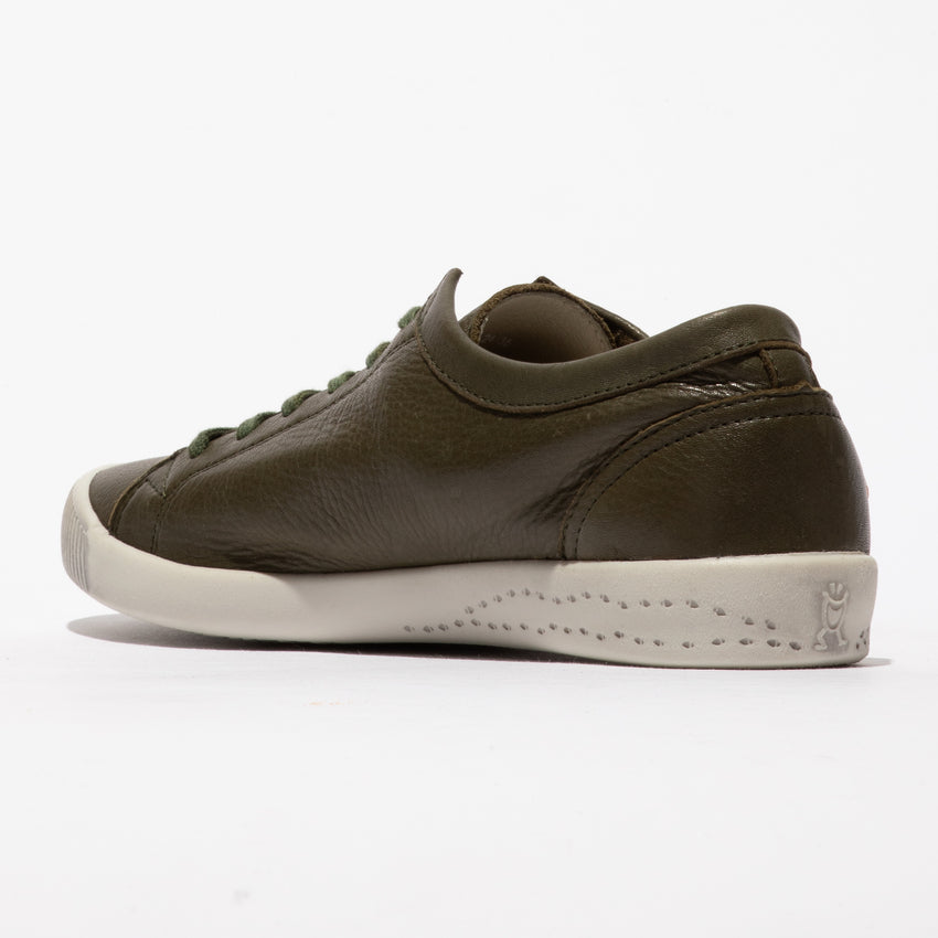 Softinos ISLA154SOF ladies army green washed leather lace-up trainers with white soles and minimal design.