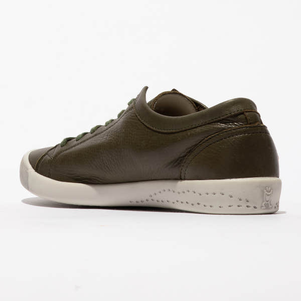 Softinos ISLA154SOF ladies army green washed leather lace-up trainers with white soles and minimal design.
