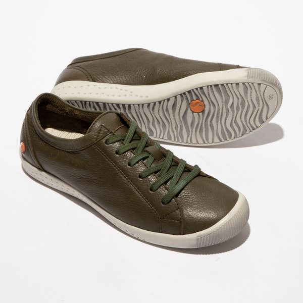 Softinos ISLA154SOF women's army green washed leather lace-up trainers, casual sneakers with white soles and green laces.