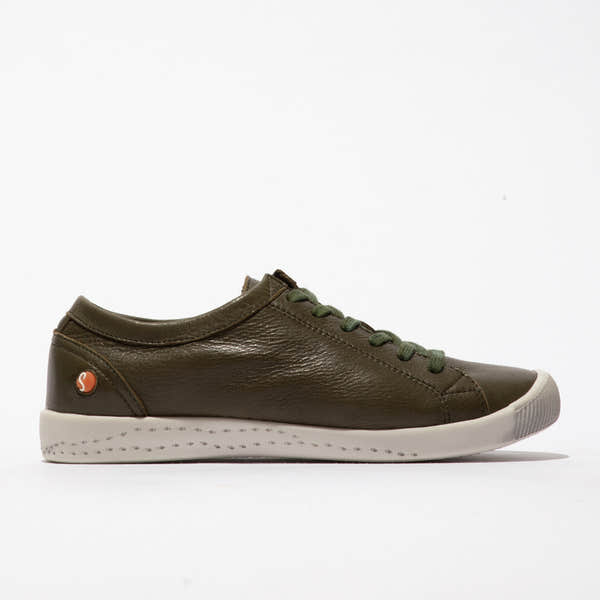 Softinos ISLA154SOF women's army green distressed leather lace-up trainers with white rubber soles.