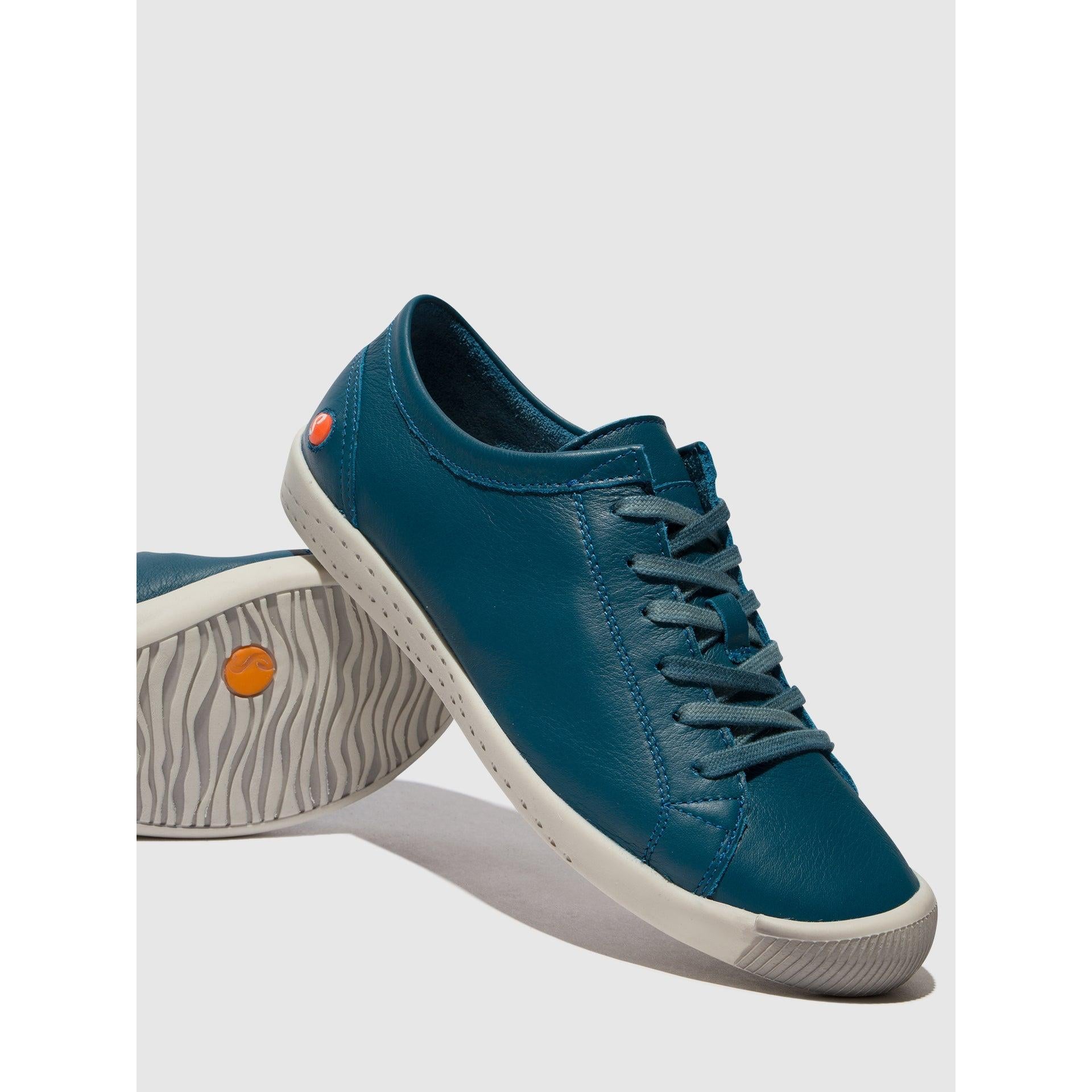 Softinos ISLA154SOF women's blue denim leather lace-up trainers with white rubber soles and orange logo accents.