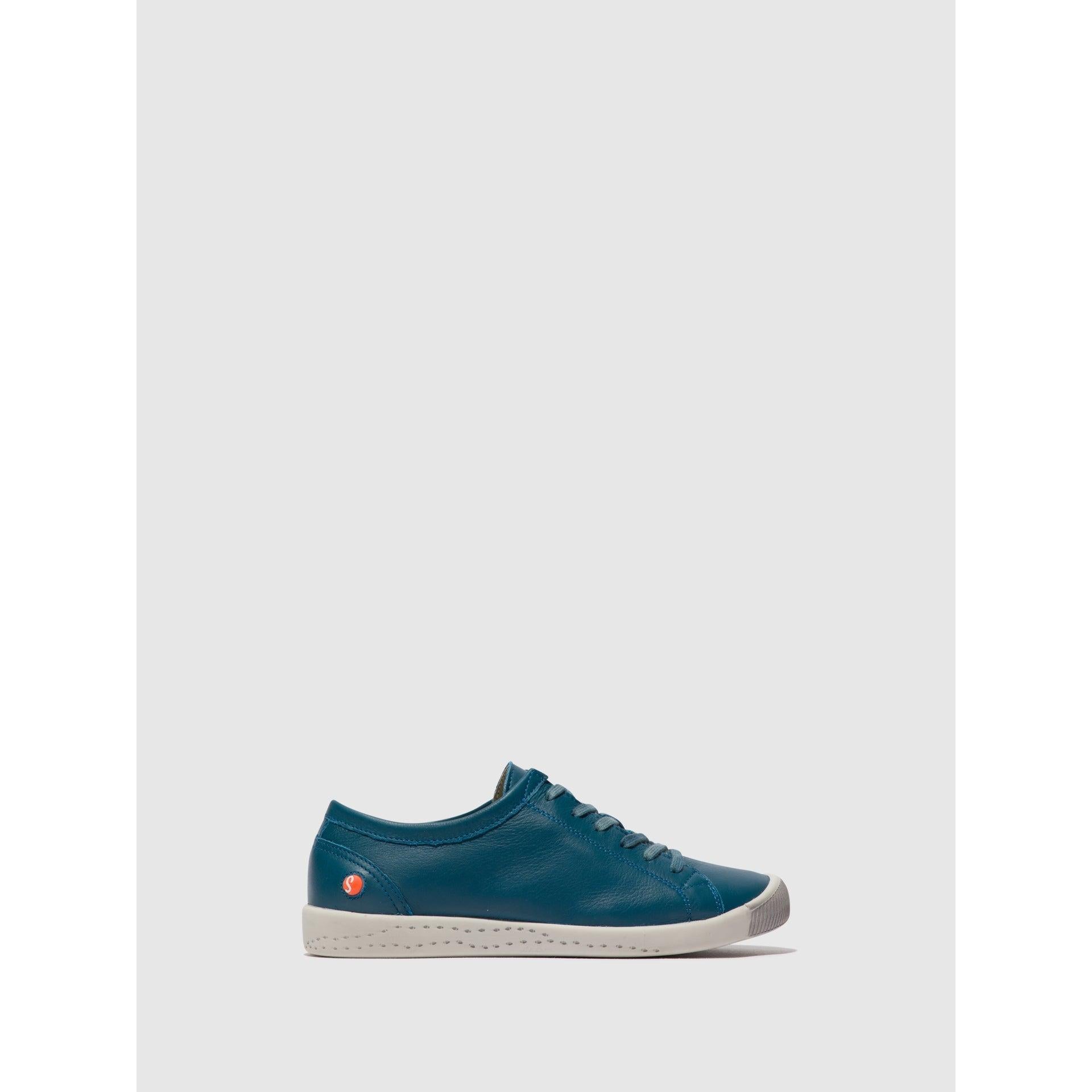 Softinos ISLA154SOF ladies blue denim leather lace-up trainers with white sole and stylish design.