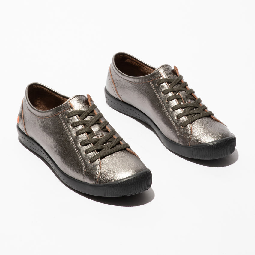 Softinos ISLA154SOF ladies graphite grey metallic leather lace-up trainers with black rubber soles.