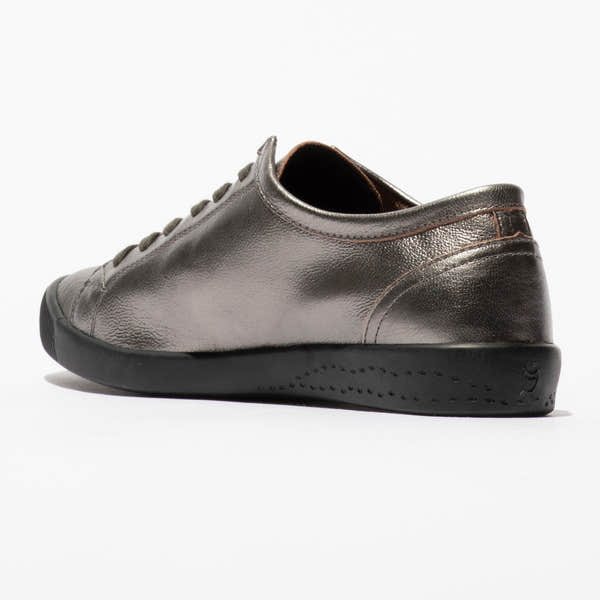 Softinos ISLA154SOF ladies graphite grey metallic leather lace-up trainers with black rubber soles.