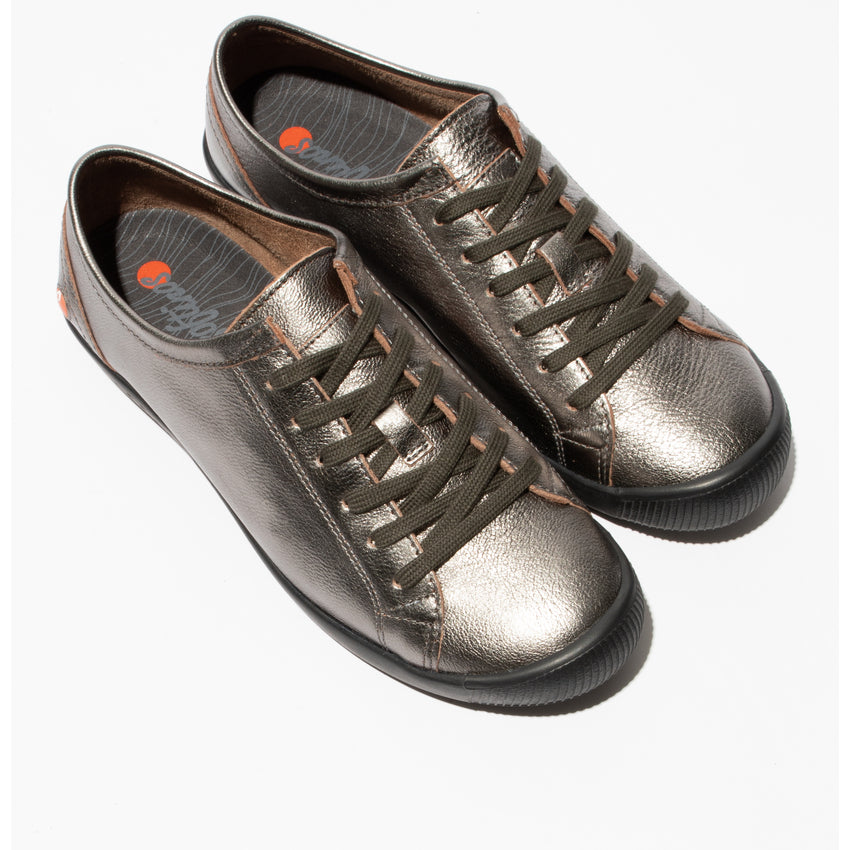 Softinos ISLA154SOF women's metallic grey leather lace-up trainers with black soles.