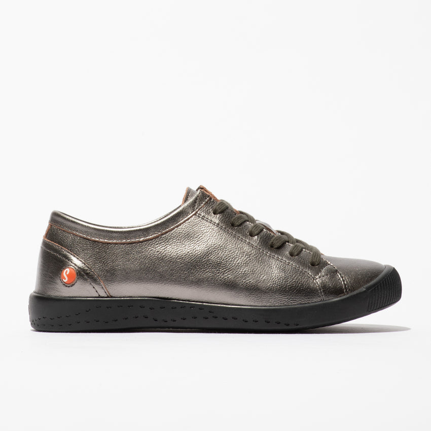 Softinos ISLA154SOF women's graphite grey metallic leather lace-up trainers with black rubber sole.