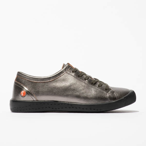 Softinos ISLA154SOF women's graphite grey metallic leather lace-up trainers with black rubber sole.