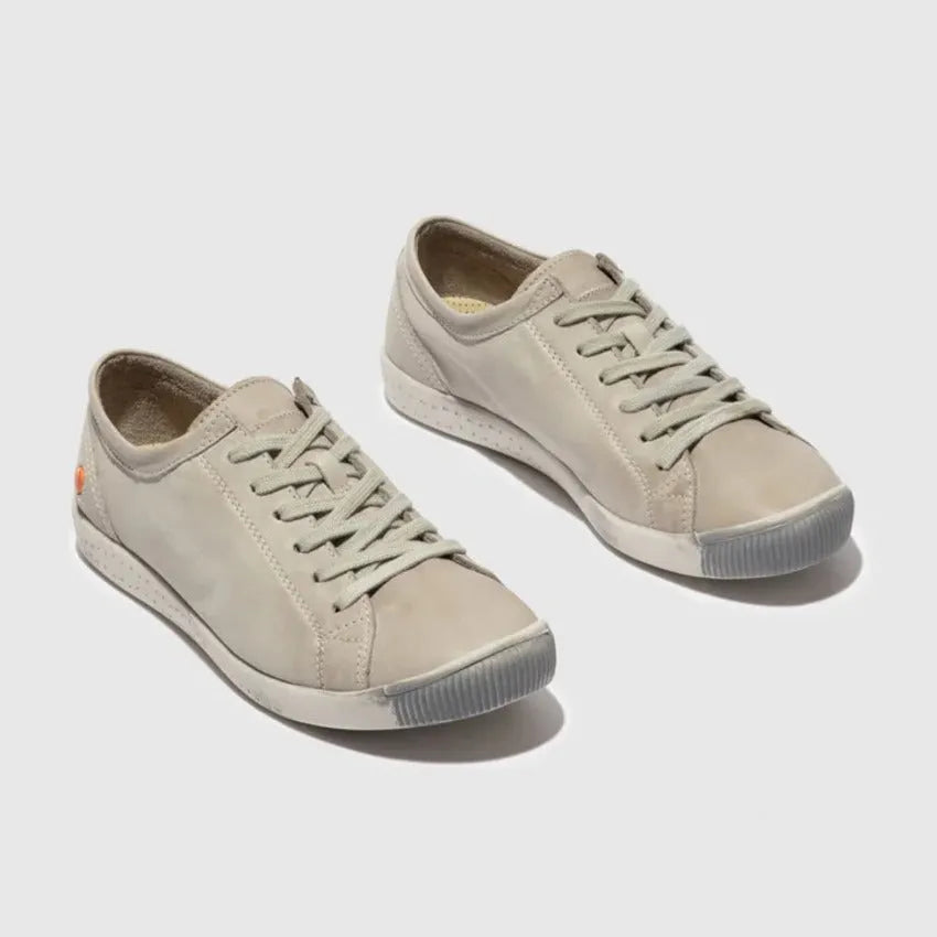 Softinos ISLA154SOF ladies light grey washed leather lace-up sneakers with rubber soles.