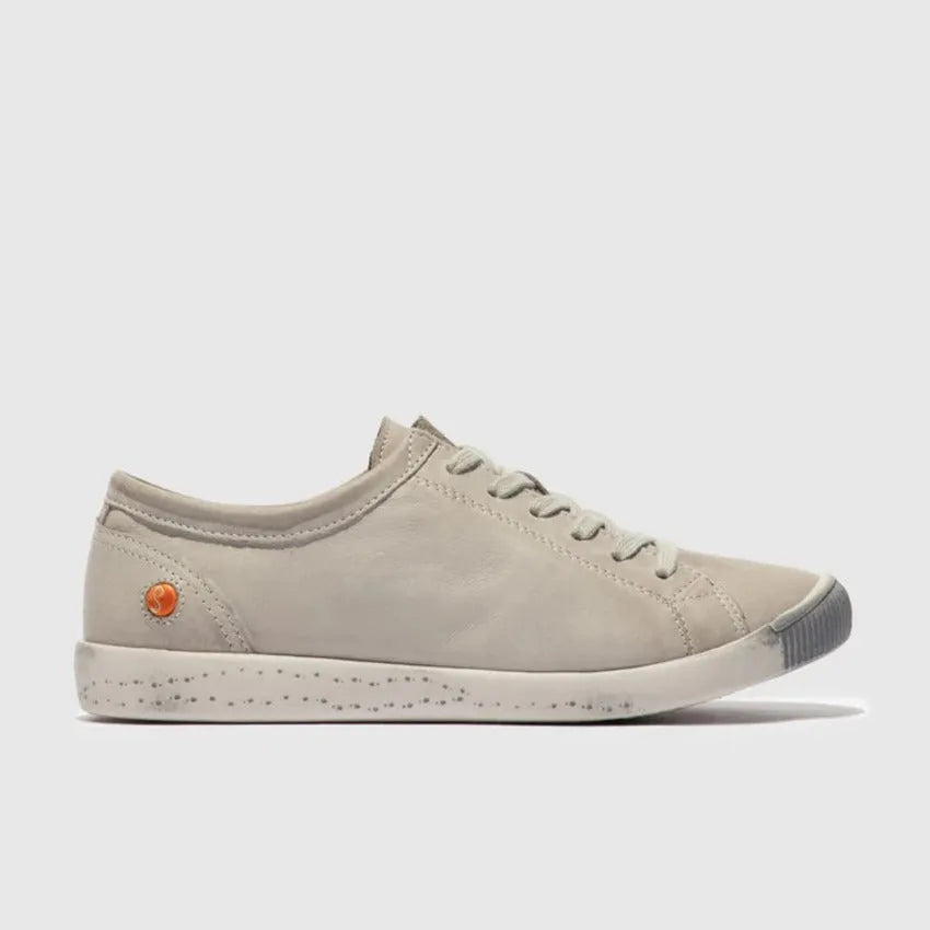 Softinos ISLA154SOF women's light grey washed leather lace-up sneakers with speckled sole.