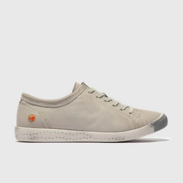 Softinos ISLA154SOF women's light grey washed leather lace-up sneakers with speckled sole.