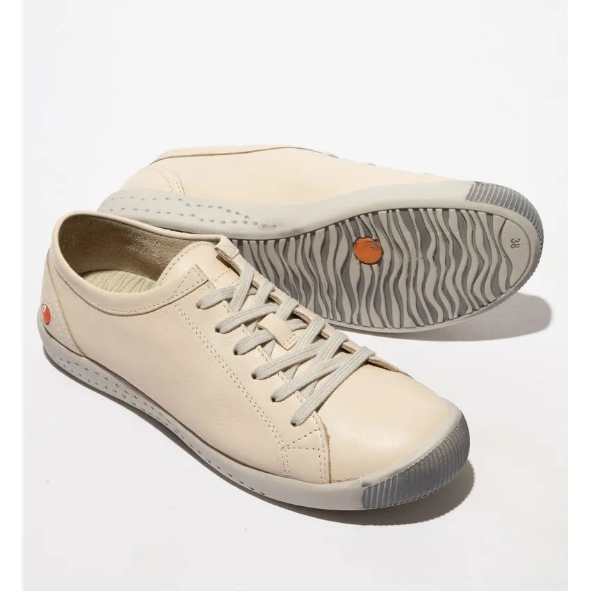 Softinos ISLA154SOF women's cream leather lace-up casual shoes with rubber sole and rounded toe.