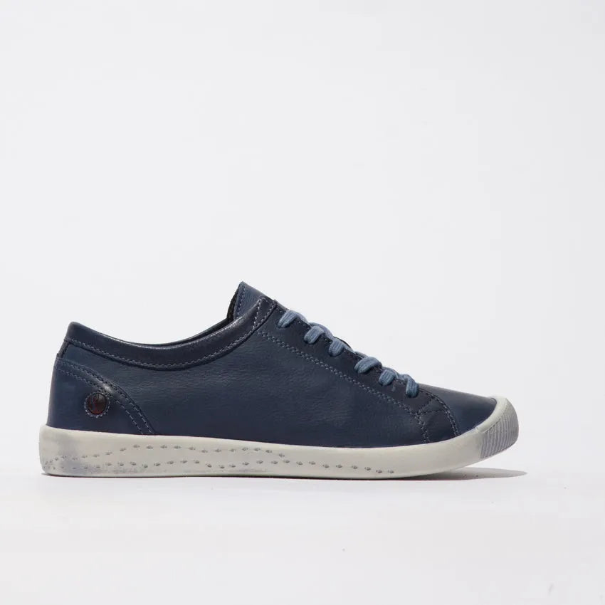 Softinos ISLA154SOF washed navy leather and microfibre lace-up women's shoes with white rubber sole.