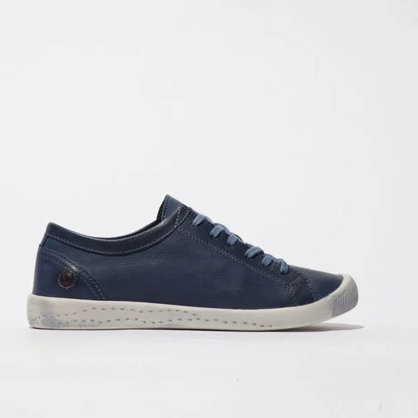 Softinos ISLA154SOF washed navy leather and microfibre lace-up women's shoes with white rubber sole.