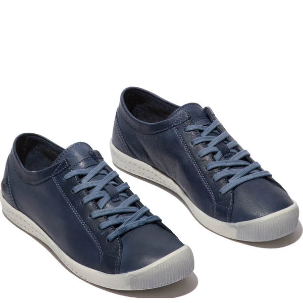 Softinos ISLA154SOF washed navy leather and microfibre lace-up women's shoes with white rubber soles.