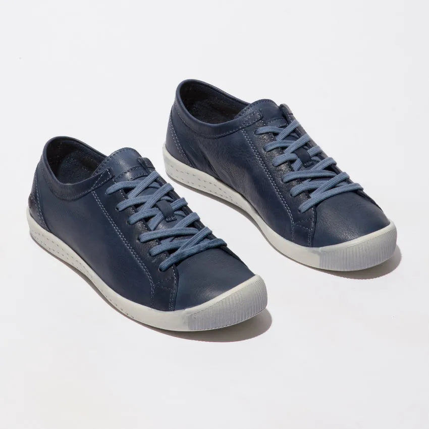 Softinos ISLA154SOF washed navy leather and microfibre lace-up women's shoes with white rubber soles.