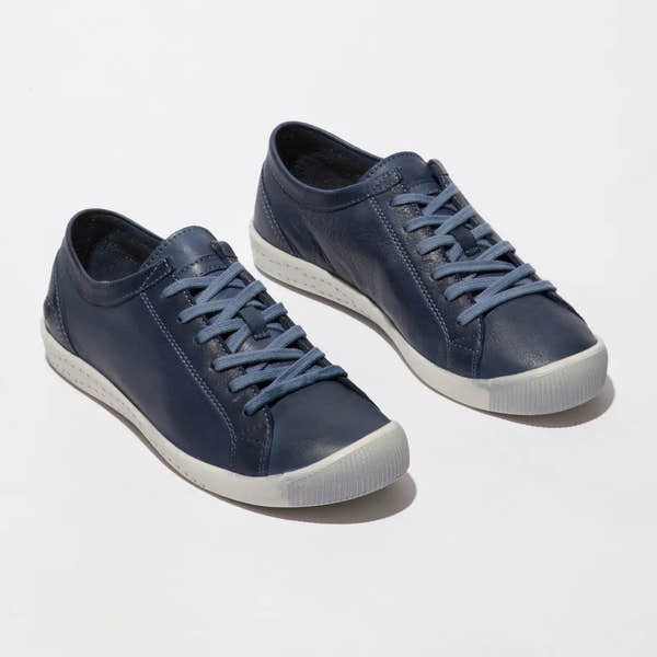 Softinos ISLA154SOF washed navy leather and microfibre lace-up women's shoes with white rubber soles.