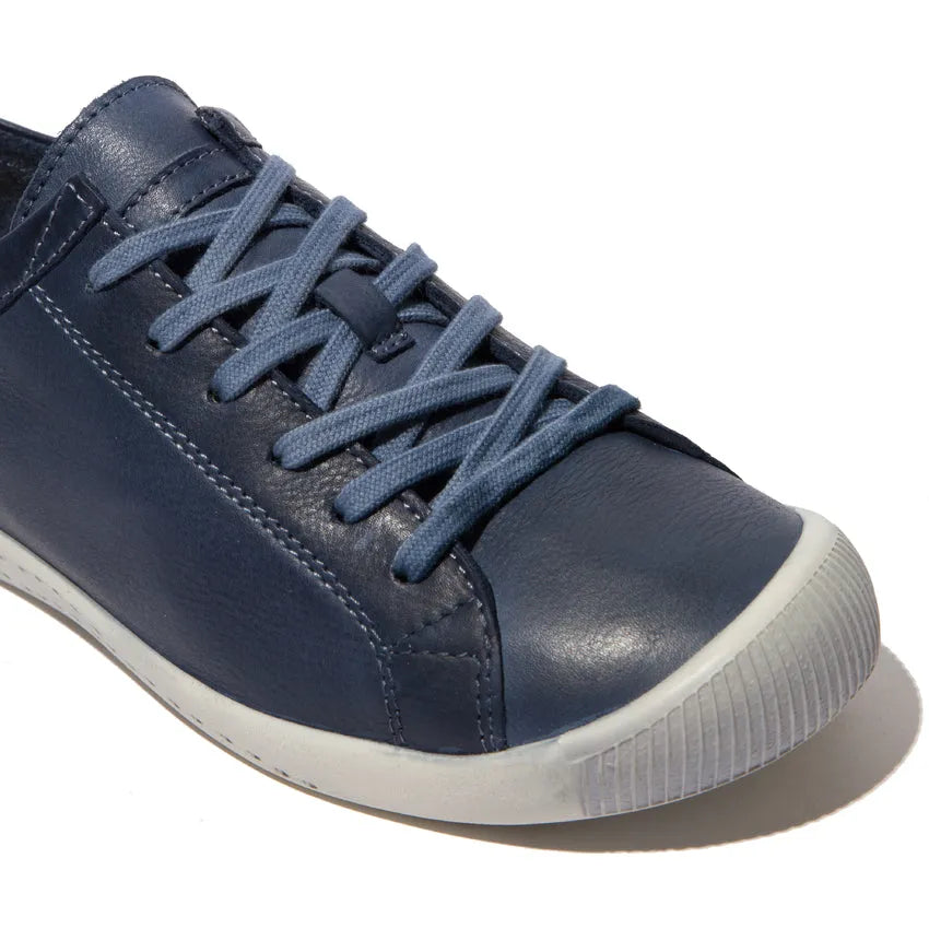 Softinos ISLA154SOF women's navy leather and microfibre lace-up sneakers with white rubber toe cap and sole.
