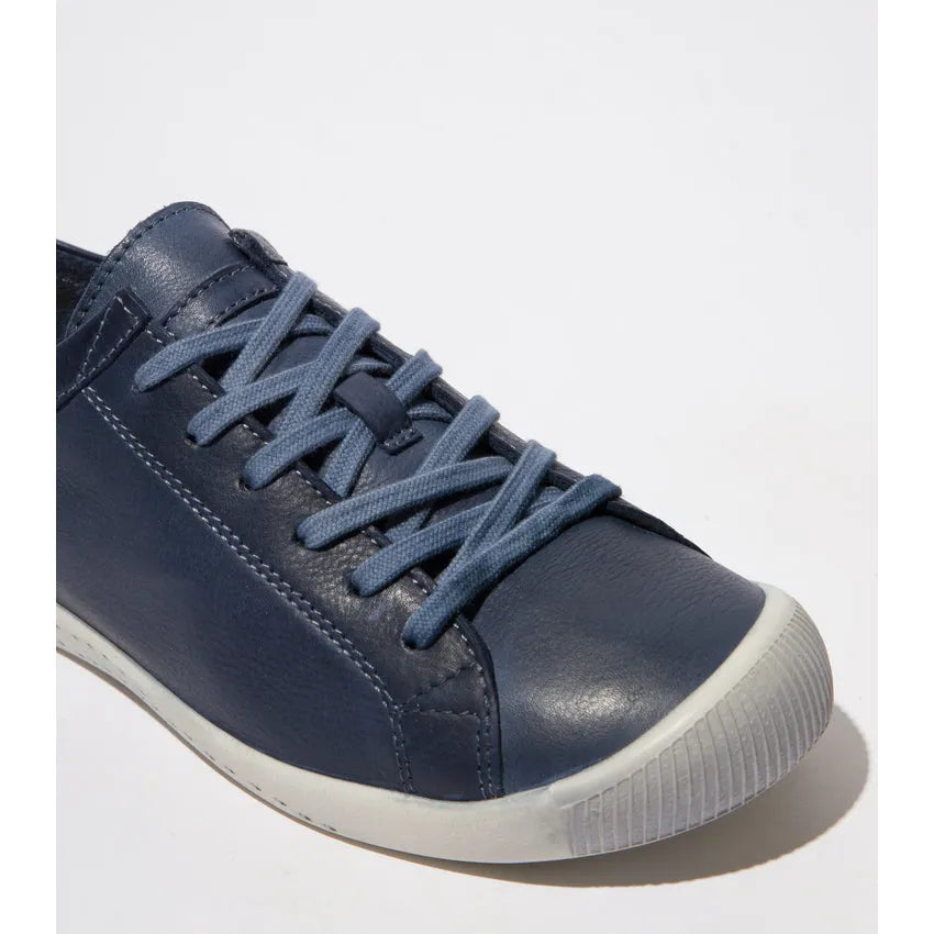 Softinos ISLA154SOF washed navy leather and microfibre lace-up women's sneakers with white rubber sole.