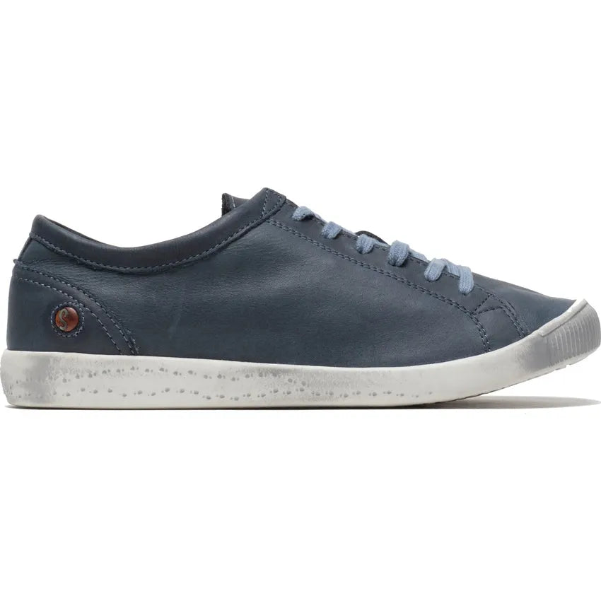 Softinos ISLA154SOF washed navy leather and microfiber lace-up women's casual shoes with a white speckled rubber sole.