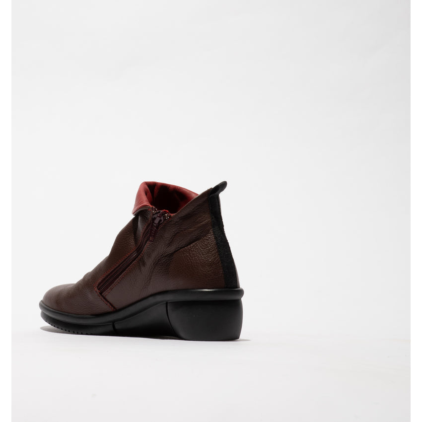 Softinos RARA808SOF ladies wine leather ankle boots with side zipper and black wedge heel.