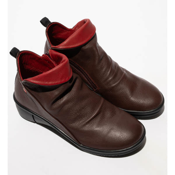 Softinos RARA808SOF women's wine-colored leather ankle boots with side zipper and red accents, casual and stylish footwear.