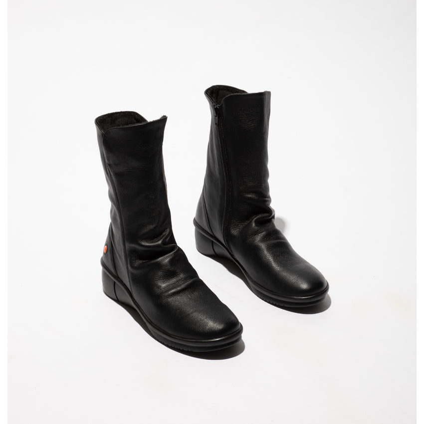 Softinos ROTT809SOF women's black smooth leather mid-calf boots with side zipper and low wedge heel.