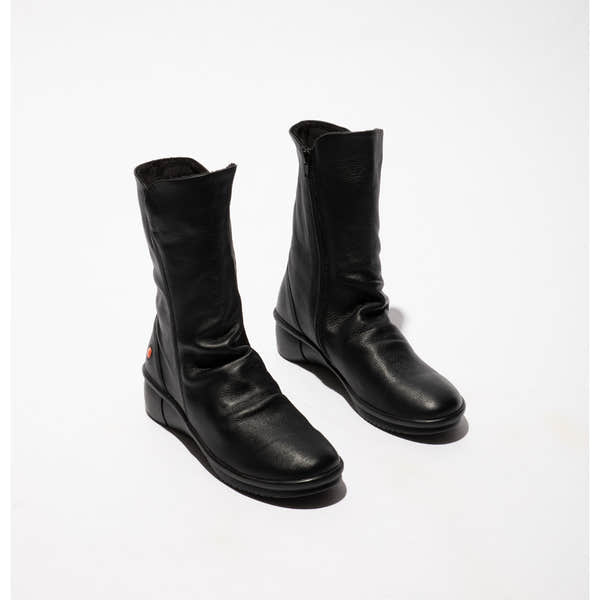 Softinos ROTT809SOF women's black smooth leather mid-calf boots with side zipper and low wedge heel.