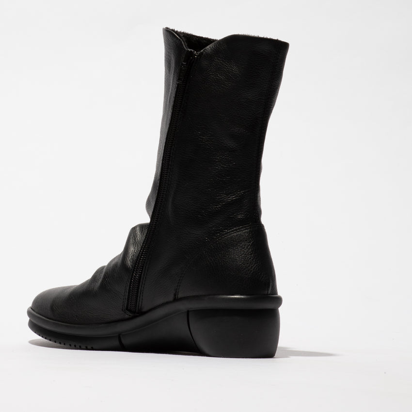 Softinos ROTT809SOF women's black smooth leather mid-calf boots with side zipper and ergonomic wedge sole.