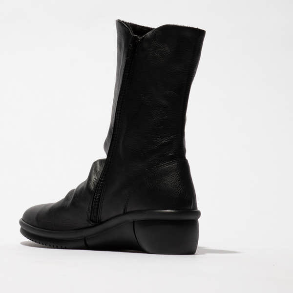Softinos ROTT809SOF women's black smooth leather mid-calf boots with side zipper and ergonomic wedge sole.
