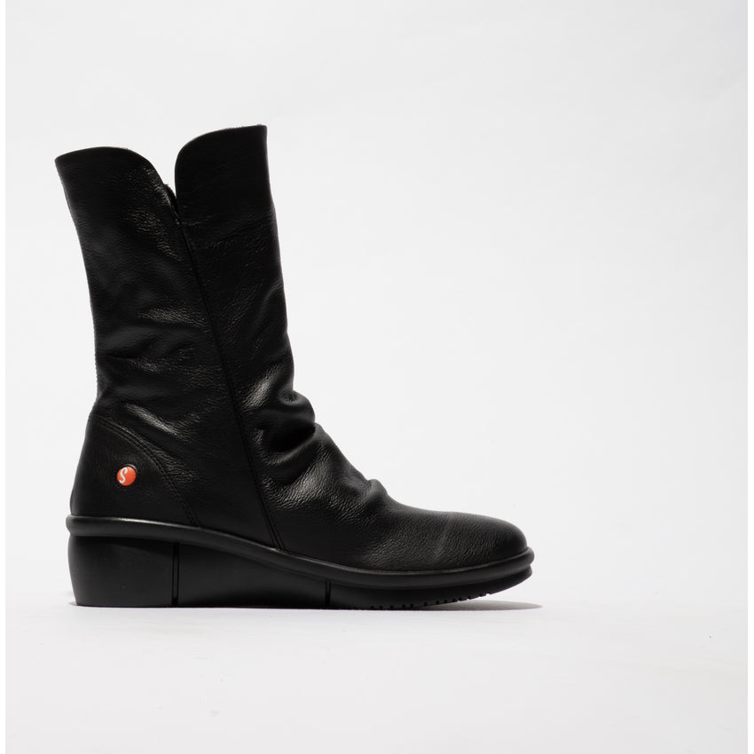 Softinos ROTT809SOF women's black smooth leather mid-calf boots with side zipper and wedge heel.