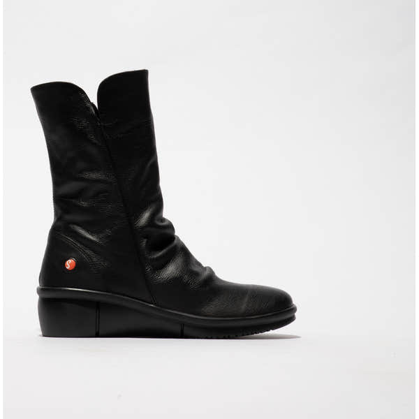 Softinos ROTT809SOF women's black smooth leather mid-calf boots with side zipper and wedge heel.