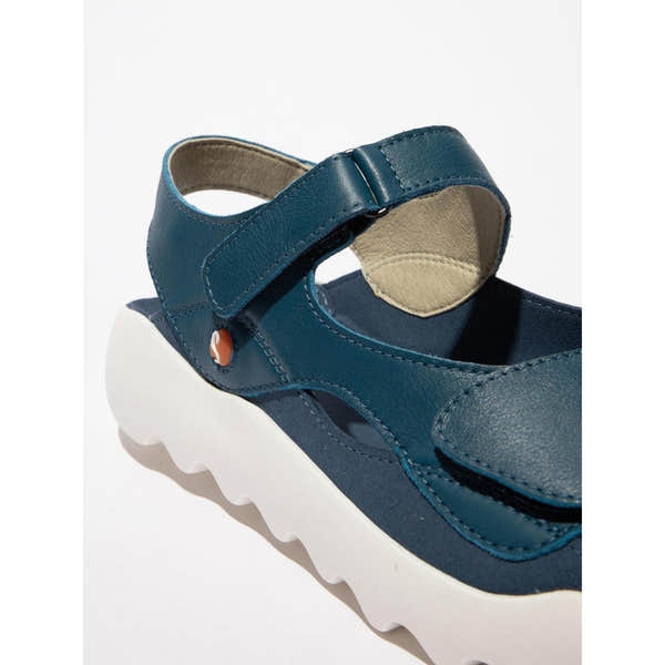 Softinos WIAL788SOF ladies blue denim leather & textile touch-fastening sandals with chunky white sole.