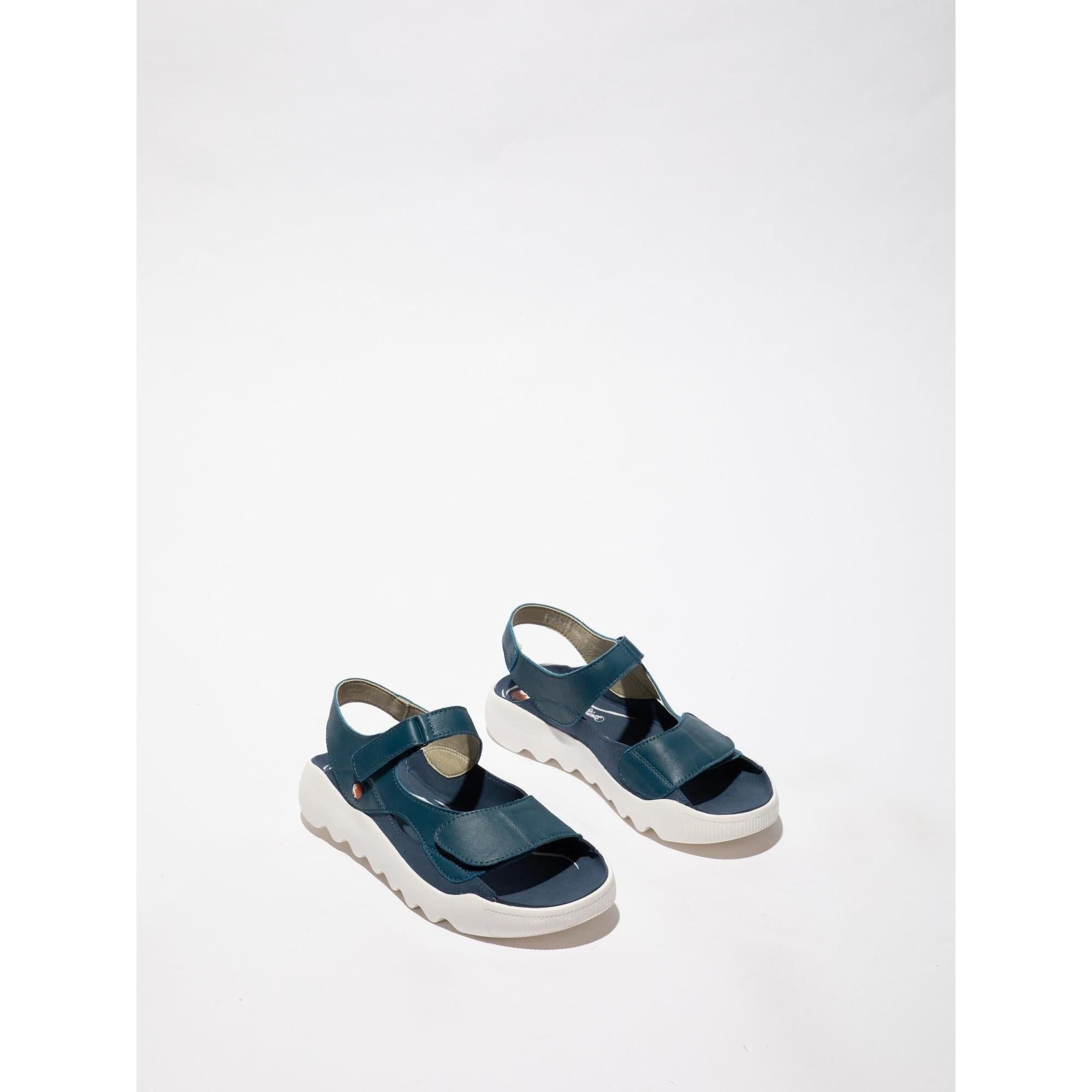 Softinos WIAL788SOF women's blue denim and leather sandals with textile touch fastening and chunky white soles.