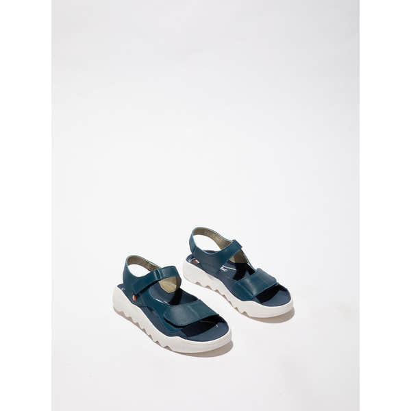 Softinos WIAL788SOF women's blue denim and leather sandals with textile touch fastening and chunky white soles.